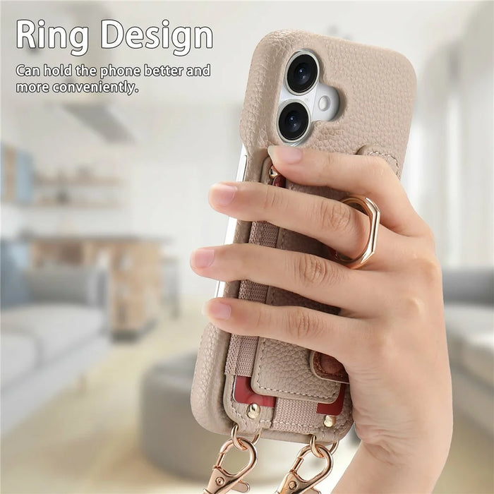 For iPhone 17 Case Card Holder Ring Kickstand Leather + PC Phone Cover with Shoulder Strap - Khaki - 7