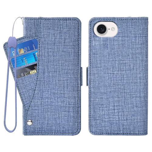 For iPhone 17e / 16e Case Jean Cloth Texture PU Leather Wallet Phone Cover with Rotating Card Slots - Blue - 1