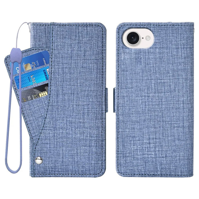 For iPhone 17e / 16e Case Jean Cloth Texture PU Leather Wallet Phone Cover with Rotating Card Slots - Blue - 1