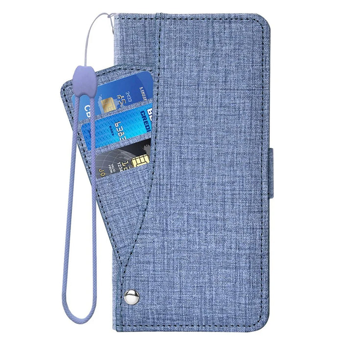 For iPhone Air Case Jean Cloth Texture PU Leather Wallet Phone Cover with Rotating Card Slots - Blue - 7