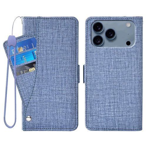 For iPhone 17 Pro Max Case Jean Cloth Texture PU Leather Wallet Phone Cover with Rotating Card Slots - Blue - 1
