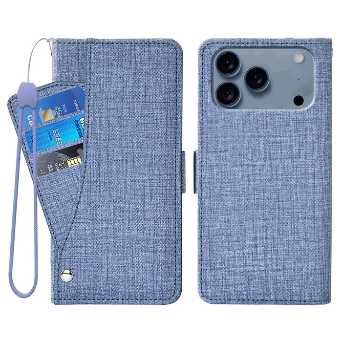 For iPhone 17 Pro Max Case Jean Cloth Texture PU Leather Wallet Phone Cover with Rotating Card Slots - Blue - 1