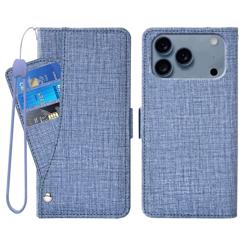 For iPhone 17 Pro Case Jean Cloth Texture PU Leather Wallet Phone Cover with Rotating Card Slots - Blue - 1