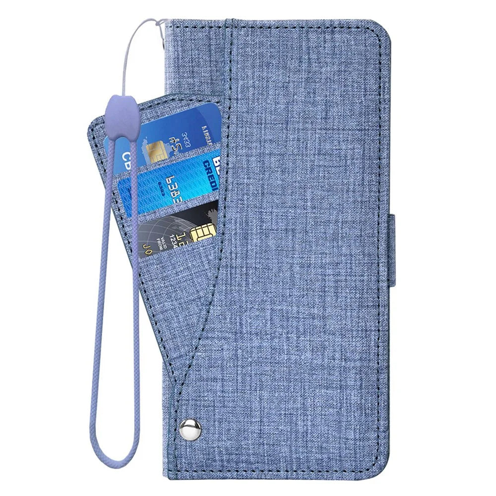 For iPhone 17 Pro Case Jean Cloth Texture PU Leather Wallet Phone Cover with Rotating Card Slots - Blue - 7