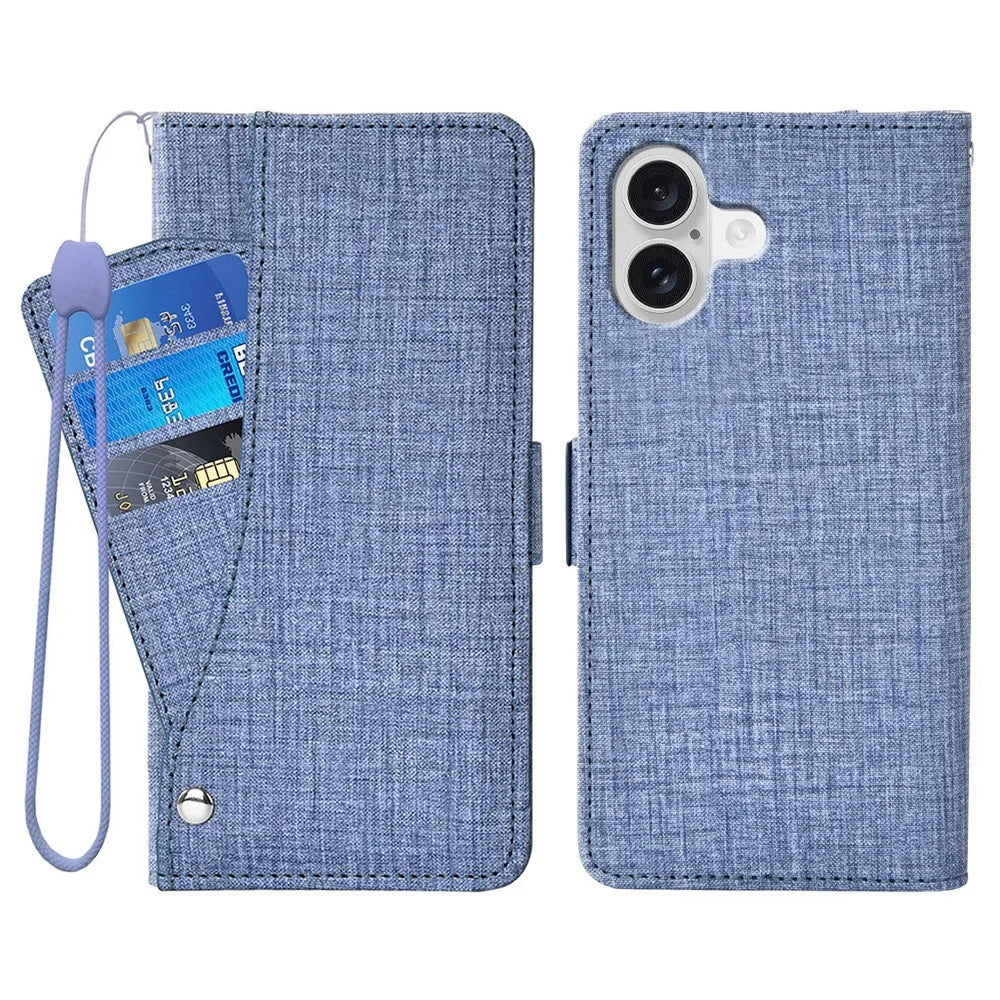 For iPhone 16 Case Jean Cloth Texture PU Leather Wallet Phone Cover with Rotating Card Slots - Blue - 1
