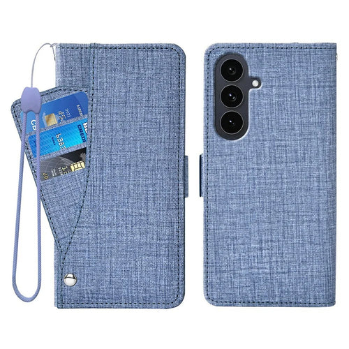 For Samsung Galaxy S25+  /  S24+ Case Jean Cloth Texture PU Leather Wallet Phone Cover with Rotating Card Slots - Blue - 1