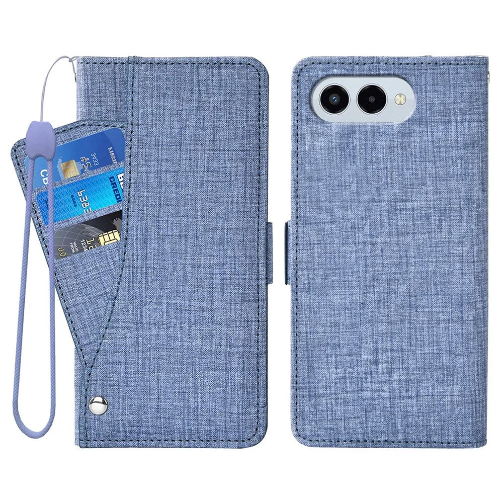 For T-Mobile REVVL 8  /  T Phone 3 Case Jean Cloth Texture PU Leather Wallet Phone Cover with Rotating Card Slots - Blue - 1