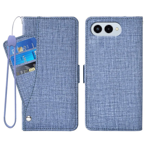 For T-Mobile REVVL 8  /  T Phone 3 Case Jean Cloth Texture PU Leather Wallet Phone Cover with Rotating Card Slots - Blue - 1
