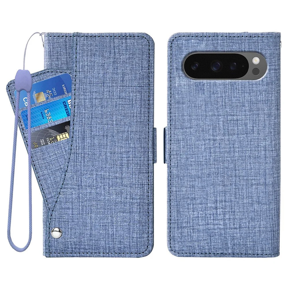 Phone Case For Google Pixel 10  /  10 Pro  /  9  /  9 Pro Jean Cloth Texture PU Leather Wallet Cover with Rotating Card Slots - Blue - 1