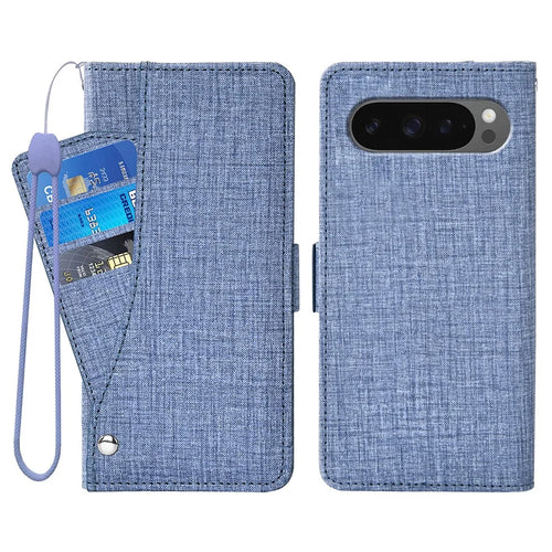 Phone Case For Google Pixel 10  /  10 Pro  /  9  /  9 Pro Jean Cloth Texture PU Leather Wallet Cover with Rotating Card Slots - Blue - 1