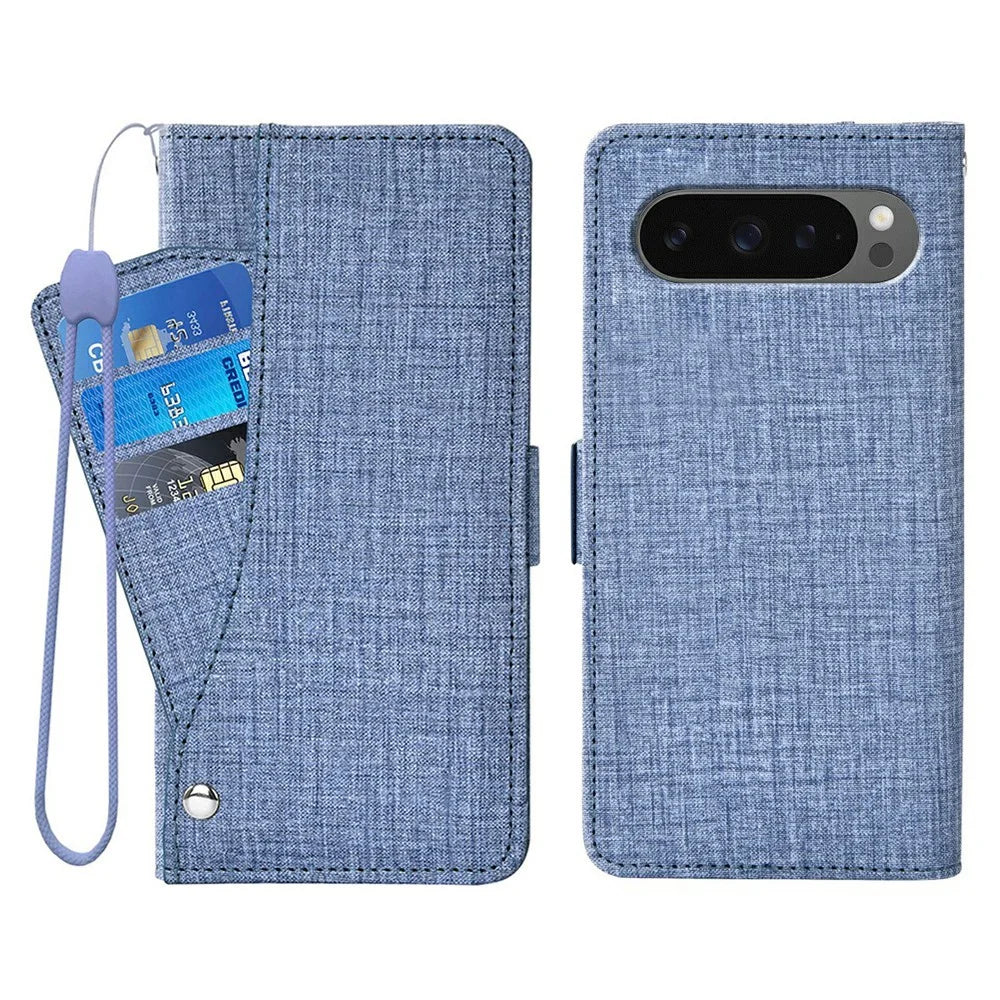 For Google Pixel 10 Pro XL  /  Pixel 9 Pro XL Case Jean Cloth Texture PU Leather Wallet Phone Cover with Rotating Card Slots - Blue - 1