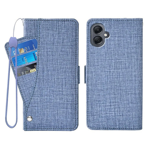 For Samsung Galaxy A06 4G Case Jean Cloth Texture PU Leather Wallet Phone Cover with Rotating Card Slots - Blue - 1