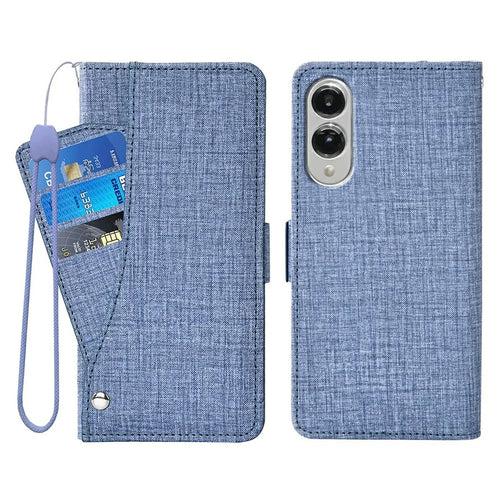 For Samsung Galaxy S25 Edge Case Jean Cloth Texture PU Leather Wallet Phone Cover with Rotating Card Slots - Blue - 1