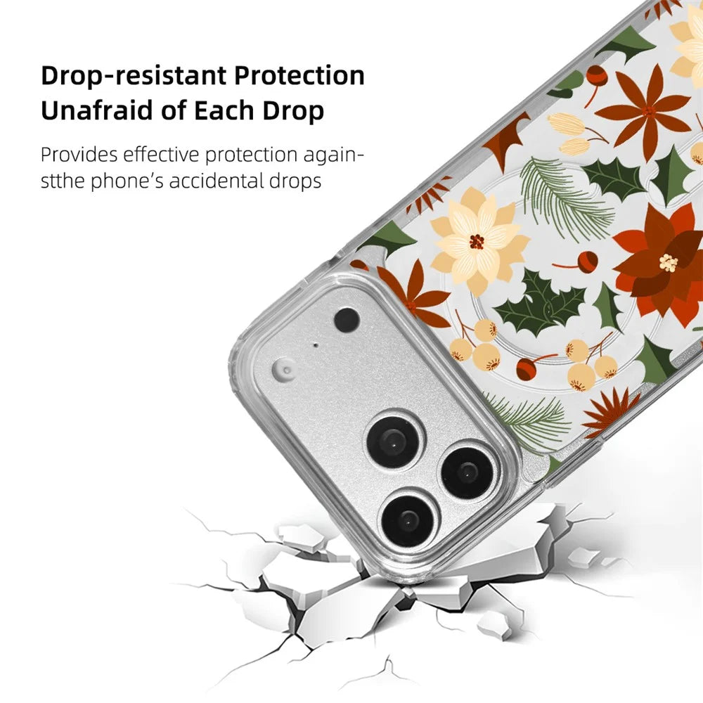 EYCASE Christmas Series for iPhone 17 Pro Max Case Clear Edge Pattern Print TPU + Acrylic Cover Compatible with MagSafe - Vintage Christmas Floral - 3