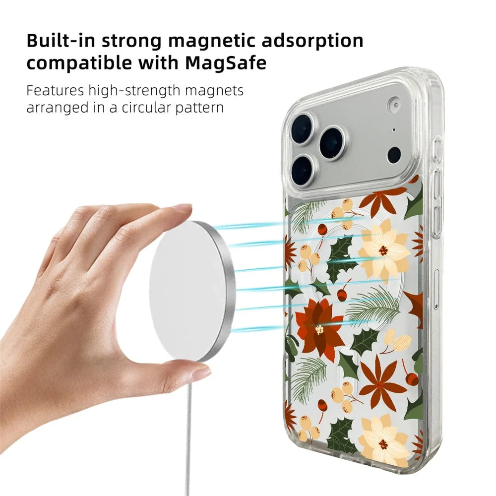 EYCASE Christmas Series for iPhone 17 Pro Max Case Clear Edge Pattern Print TPU + Acrylic Cover Compatible with MagSafe - Vintage Christmas Floral - 4