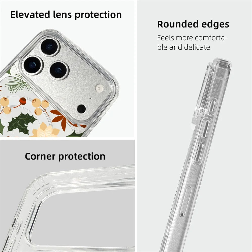 EYCASE Christmas Series for iPhone 17 Pro Max Case Clear Edge Pattern Print TPU + Acrylic Cover Compatible with MagSafe - Vintage Christmas Floral - 7