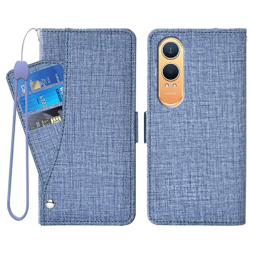 For OnePlus Nord CE4 Lite 5G  /  Oppo K12x 5G (China) Case Jean Cloth Texture PU Leather Wallet Phone Cover with Rotating Card Slots - Blue - 1