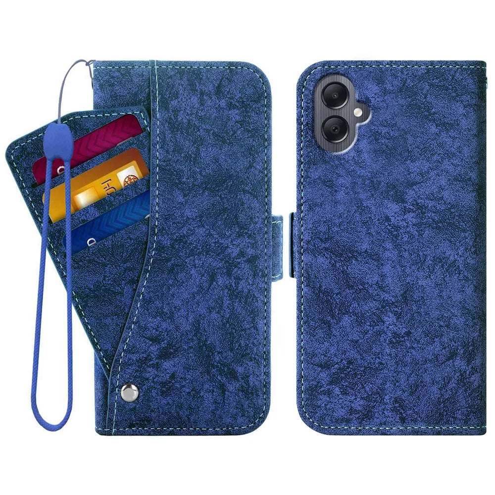 For Samsung Galaxy A05 4G Case Water-ink Painting Wallet PU Leather Phone Cover with Rotating Card Slots - Blue - 1