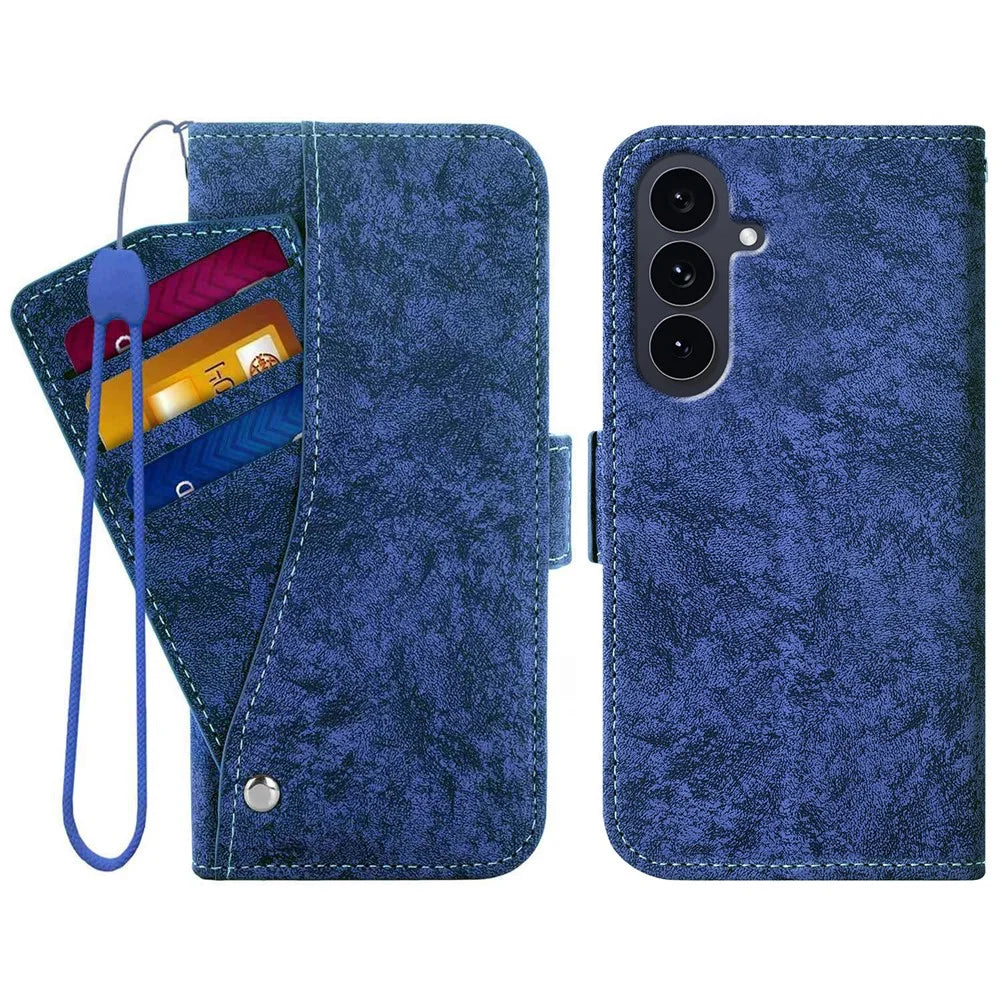 For Samsung Galaxy S25 FE Case Water-ink Painting Wallet PU Leather Phone Cover with Rotating Card Slots - Blue - 1