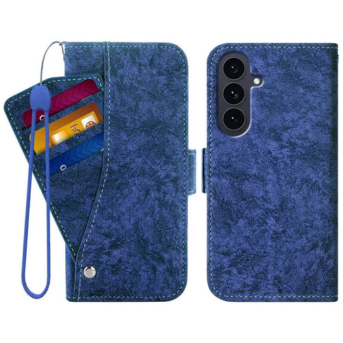 For Samsung Galaxy S25 FE Case Water-ink Painting Wallet PU Leather Phone Cover with Rotating Card Slots - Blue - 1