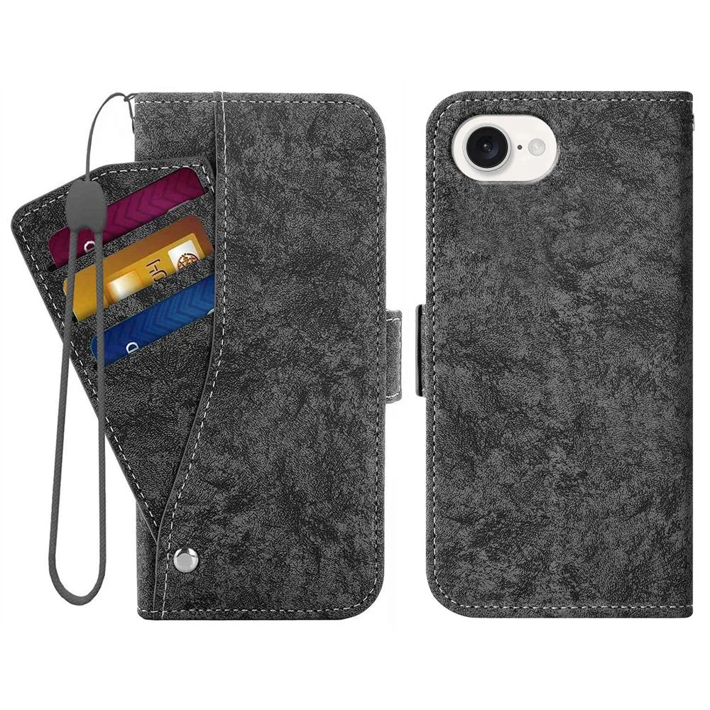 For iPhone 17e / 16e Case Water-ink Painting Wallet PU Leather Phone Cover with Rotating Card Slots - Black - 1