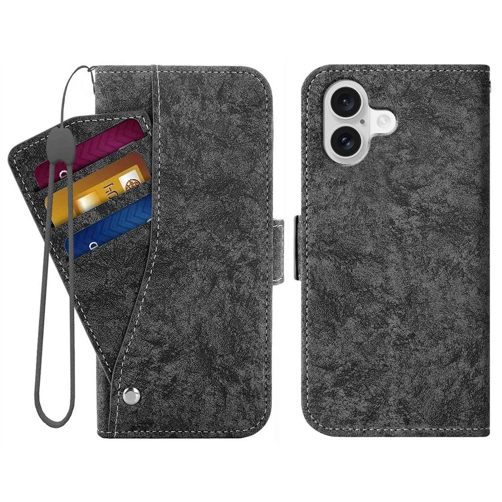For iPhone 16 Plus Case Water-ink Painting Wallet PU Leather Phone Cover with Rotating Card Slots - Black - 1