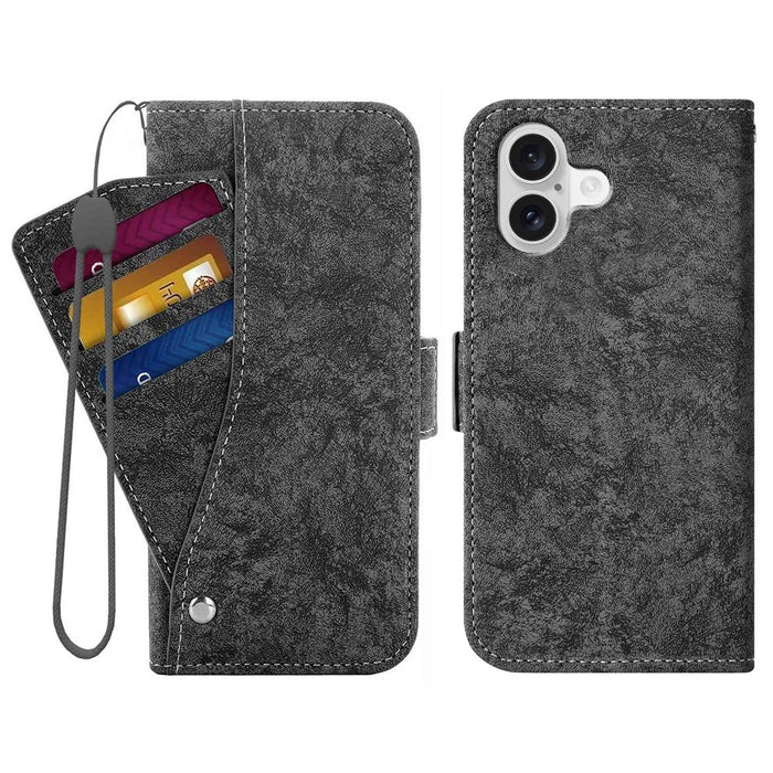 For iPhone 16 Plus Case Water-ink Painting Wallet PU Leather Phone Cover with Rotating Card Slots - Black - 1