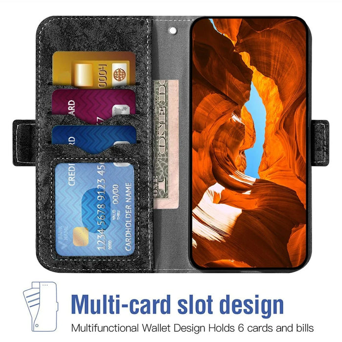For iPhone 16 Plus Case Water-ink Painting Wallet PU Leather Phone Cover with Rotating Card Slots - Black - 3