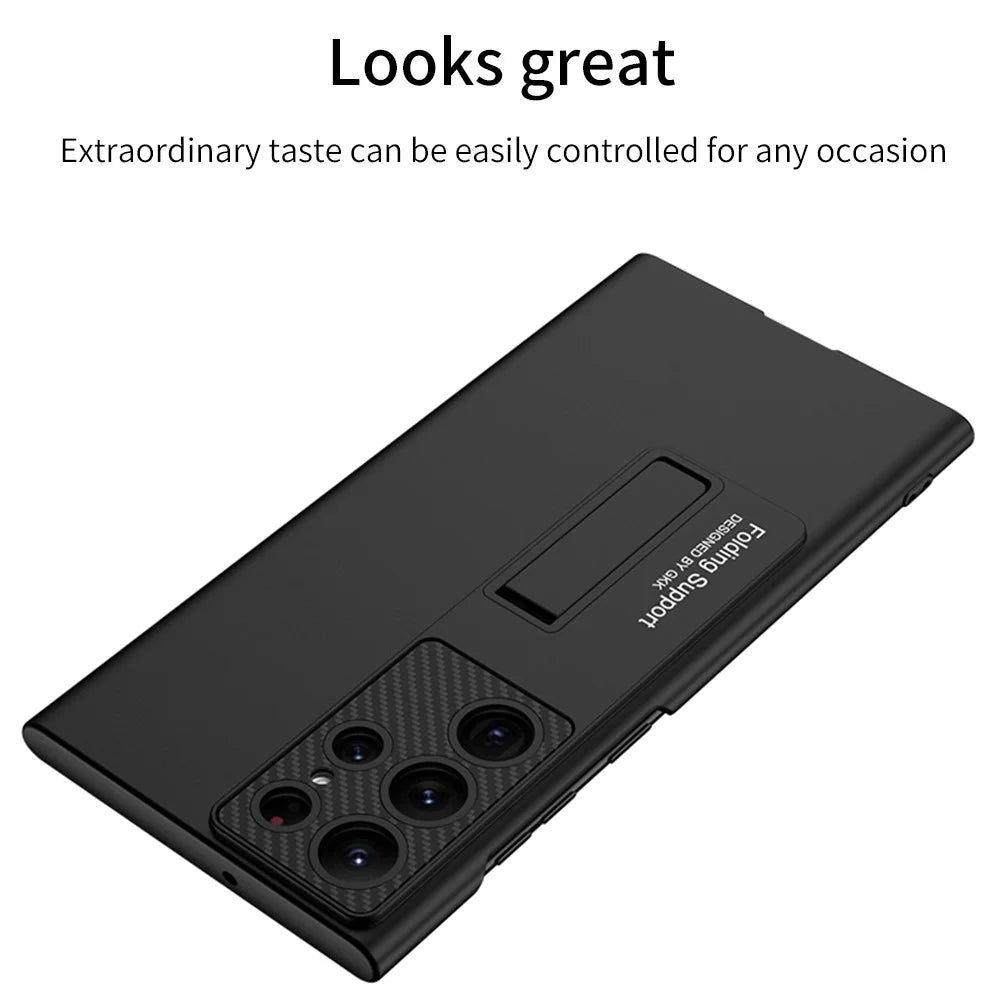 GKK For Samsung Galaxy S22 Ultra 5G Anti-scratch Phone Case Carbon Fiber Textured Camera Protector Slim Anti-drop Phone Cover with Hidden Kickstand - Black - 4