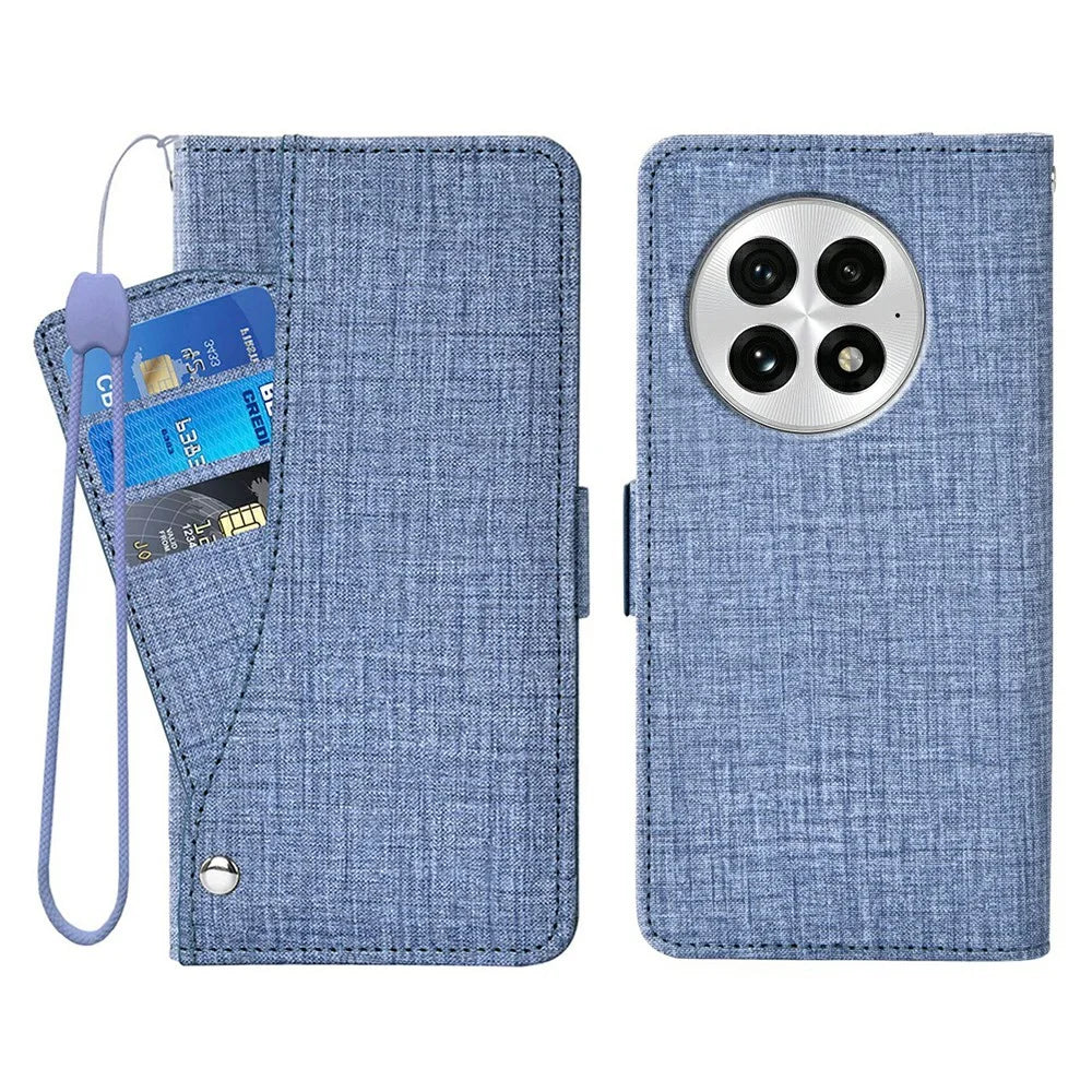 For OnePlus 13 Case Jean Cloth Texture PU Leather Wallet Phone Cover with Rotating Card Slots - Blue - 1