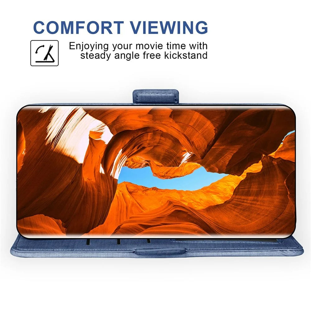 For OnePlus 13 Case Jean Cloth Texture PU Leather Wallet Phone Cover with Rotating Card Slots - Blue - 3
