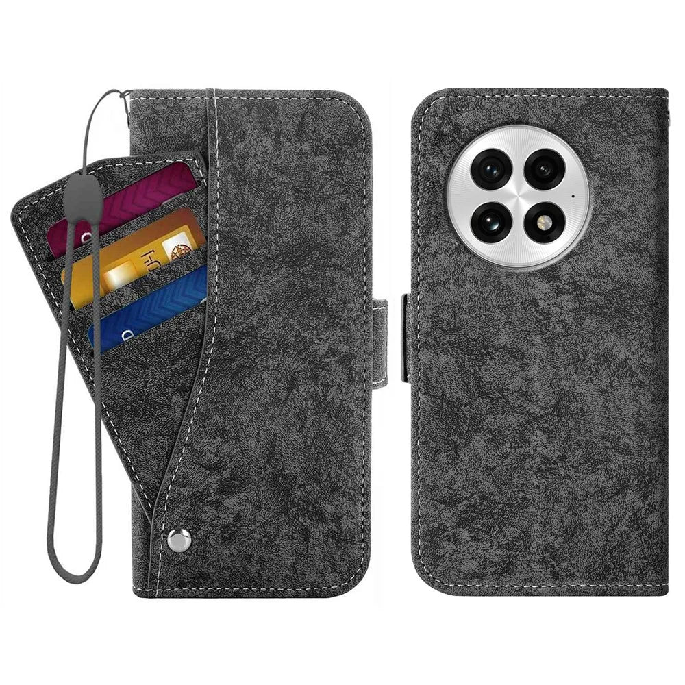 For OnePlus 13 Case Water-ink Painting Wallet PU Leather Phone Cover with Rotating Card Slots - Black - 1