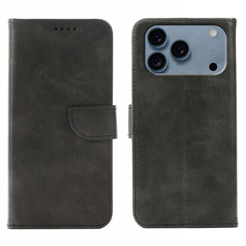 For iPhone 17 Pro Max Case Wallet Stand Magnetic Clasp Closure Calf Texture Leather Phone Cover - Black - 1