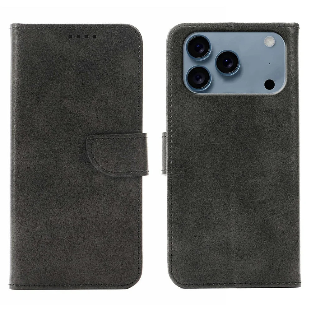 For iPhone 17 Pro Max Case Wallet Stand Magnetic Clasp Closure Calf Texture Leather Phone Cover - Black - 1