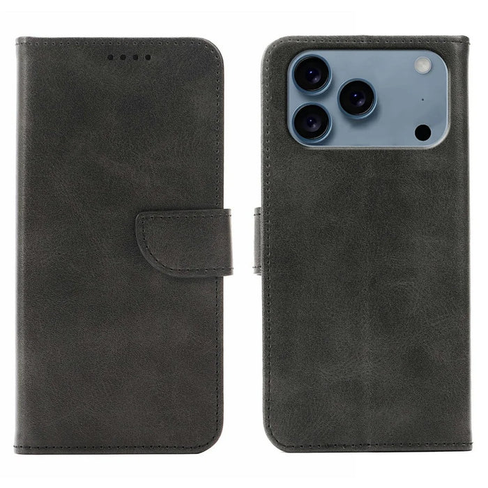 For iPhone 17 Pro Case Wallet Stand Magnetic Clasp Closure Calf Texture Leather Phone Cover - Black - 1