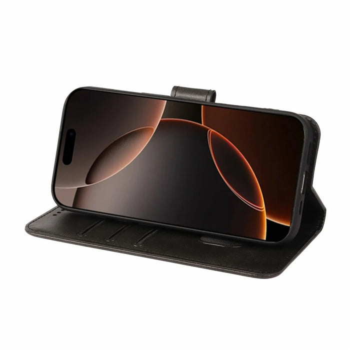 For iPhone 17 Pro Case Wallet Stand Magnetic Clasp Closure Calf Texture Leather Phone Cover - Black - 3
