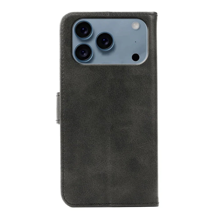 For iPhone 17 Pro Case Wallet Stand Magnetic Clasp Closure Calf Texture Leather Phone Cover - Black - 6