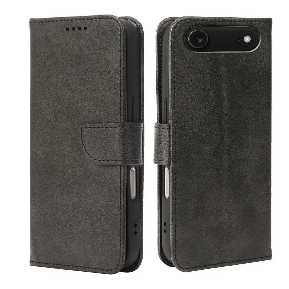 For iPhone Air Case Wallet Stand Magnetic Clasp Closure Calf Texture Leather Phone Cover - Black - 1