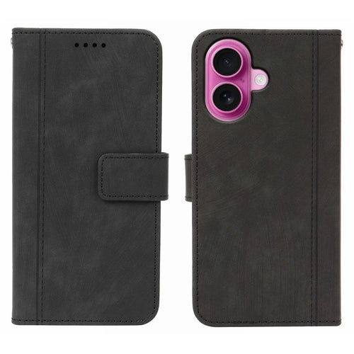 For iPhone 16 Leather Wallet Case Solid Color Skin-feel Line Splicing Phone Cover with Magnetic Clasp - Black - 1