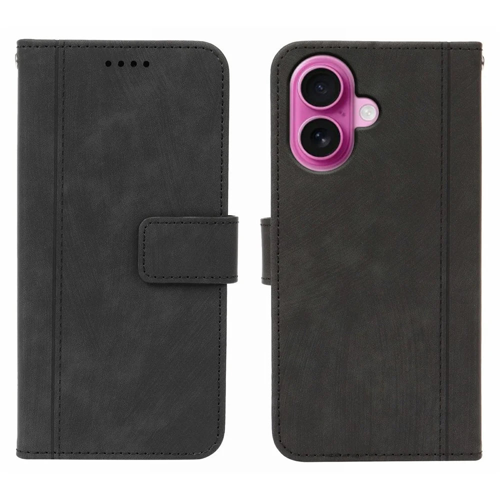 For iPhone 16 Plus Leather Wallet Case Solid Color Skin-feel Line Splicing Phone Cover with Magnetic Clasp - Black - 1