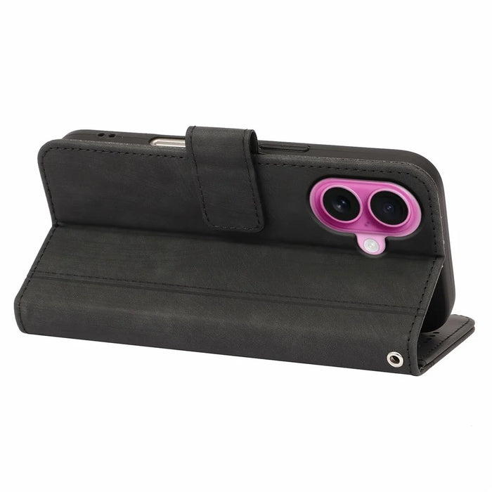 For iPhone 17 Leather Wallet Case Solid Color Skin-feel Line Splicing Phone Cover with Magnetic Clasp - Black - 4