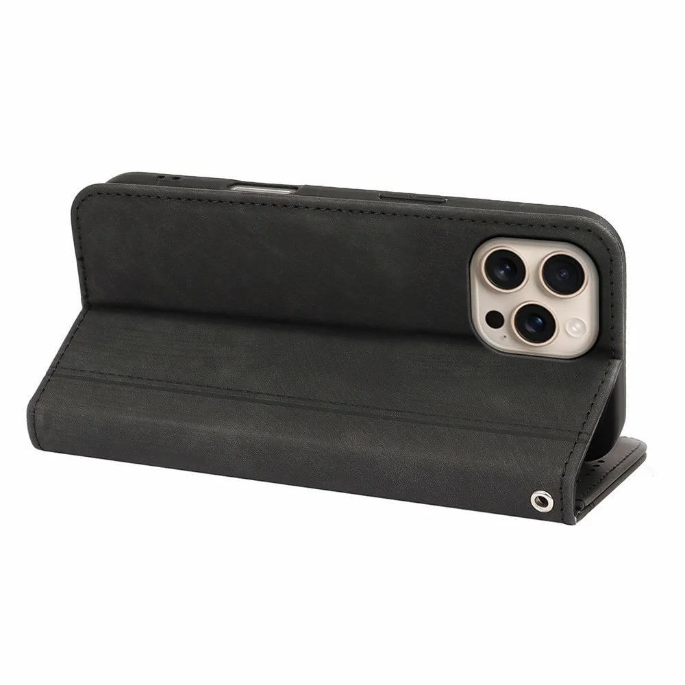 For iPhone 16 Pro Leather Case Strong Magnetic Skin-Like Texture Embossed Lines Wallet Stand Phone Cover - Black - 3