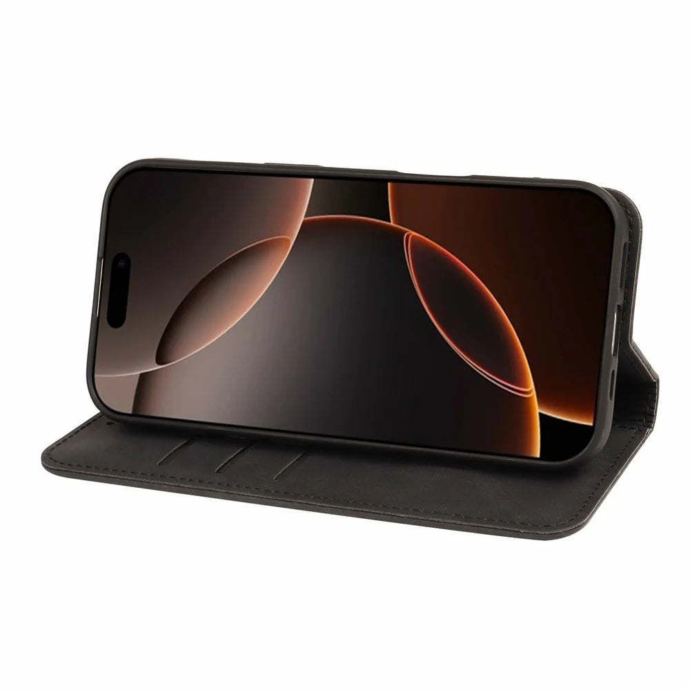 For iPhone 16 Pro Leather Case Strong Magnetic Skin-Like Texture Embossed Lines Wallet Stand Phone Cover - Black - 4