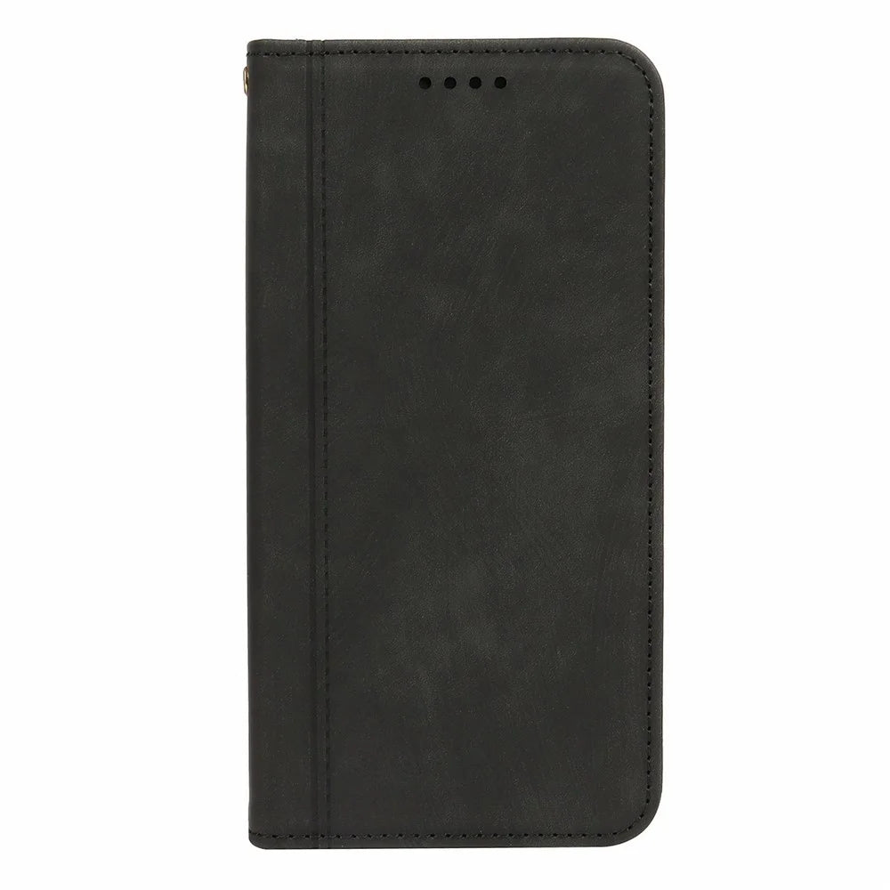 For iPhone 16 Pro Leather Case Strong Magnetic Skin-Like Texture Embossed Lines Wallet Stand Phone Cover - Black - 6