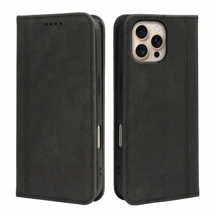 For iPhone 16 Pro Max Leather Case Strong Magnetic Skin-Like Texture Embossed Lines Wallet Stand Phone Cover - Black - 1
