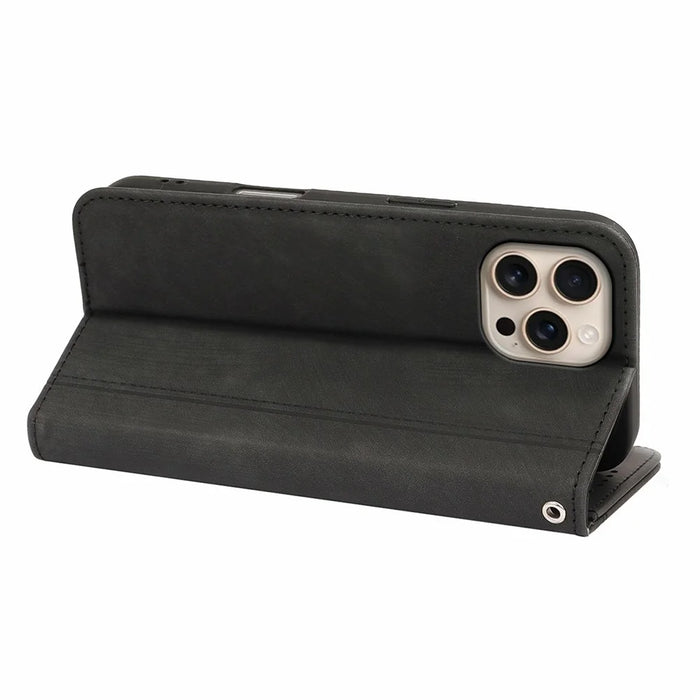 For iPhone 16 Pro Max Leather Case Strong Magnetic Skin-Like Texture Embossed Lines Wallet Stand Phone Cover - Black - 3