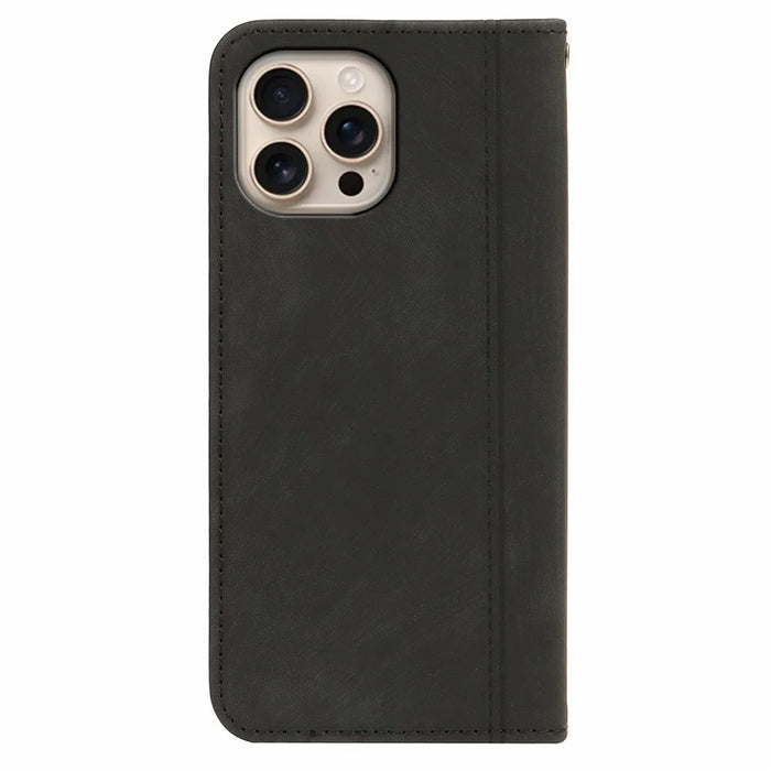 For iPhone 16 Pro Max Leather Case Strong Magnetic Skin-Like Texture Embossed Lines Wallet Stand Phone Cover - Black - 5