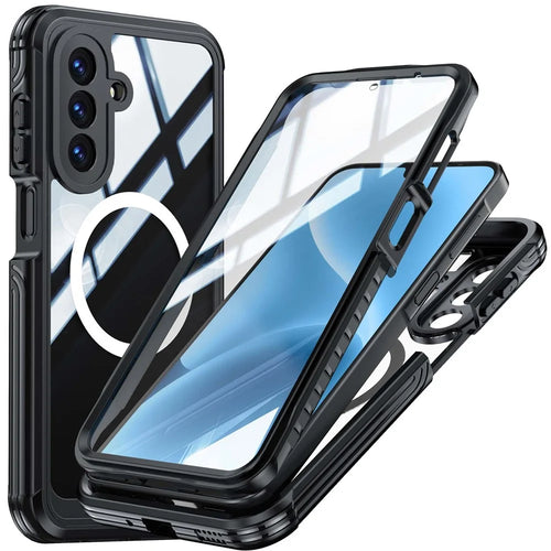For Samsung Galaxy A17 4G / 5G Magnetic Case PC + TPU Phone Cover with Tempered Glass Screen Film - Black - 1