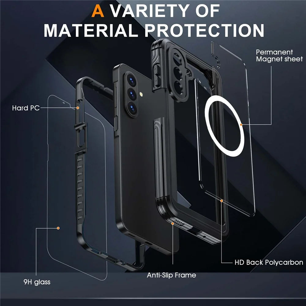 For Samsung Galaxy A17 4G / 5G Magnetic Case PC + TPU Phone Cover with Tempered Glass Screen Film - Black - 7