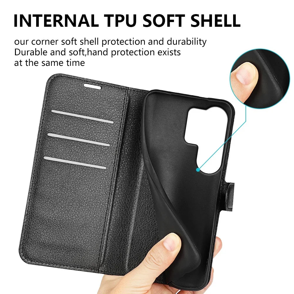 AMORUS For Samsung Galaxy S26 Ultra Wallet Case Litchi Texture Shockproof Leather Flip Stand Phone Cover - Black - 5
